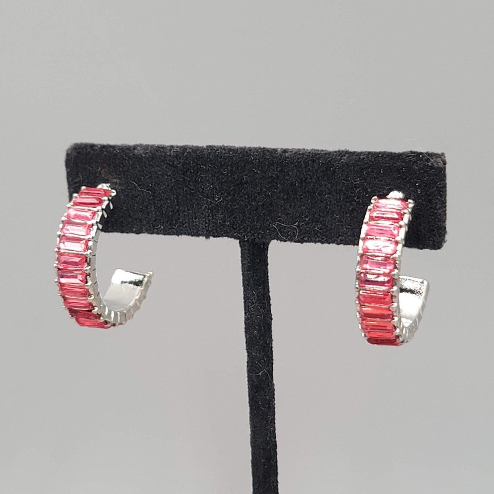 Pink Crystal Baguette Hoops Pierced Earrings Silver tone 7/8 in