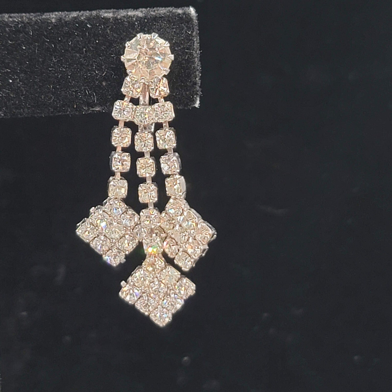 Vintage Rhinestone Clip on Earrings Dangle Silver tone 1.5" Length