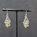 Pierced Earrings Silver tone Blue Yellow Teardrop Crystals  1 1/8"