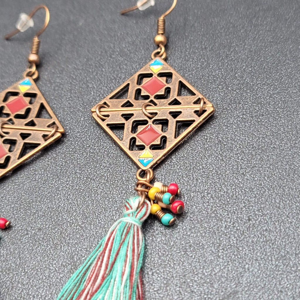 New Boho Pierced Earrings Copper tone Enamel Blue Tassel Long 3"