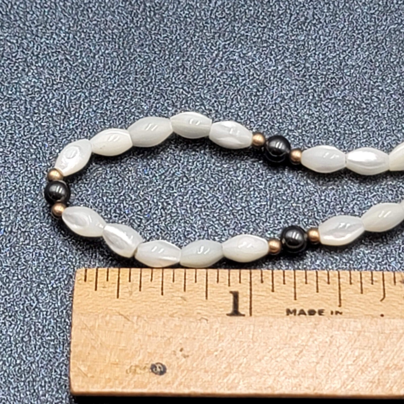 Vintage Mother of Pearl Hematite Gold Bead Necklace Gold Filled Clasp 16"