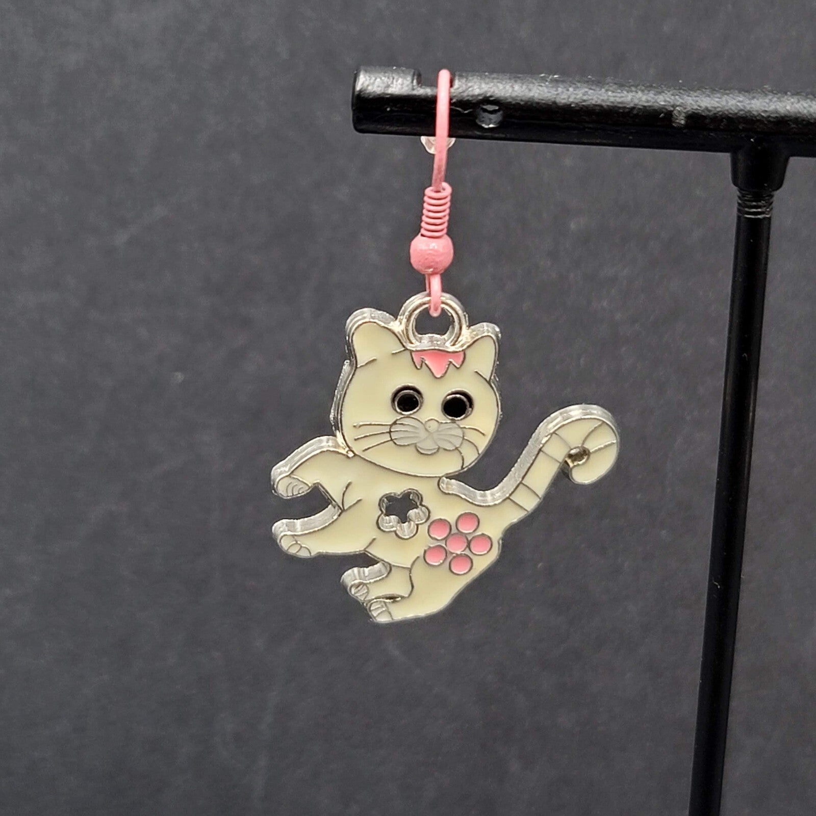 Pierced Earrings Pink White Enamel Kitty Cat Dangle Silver tone  1 1/8"