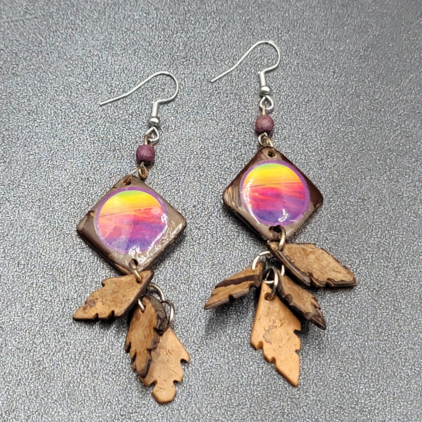 Vintage Coir Coconut Shell Pierced Earrings Multicolor Beach Scene Dangle 2.5"