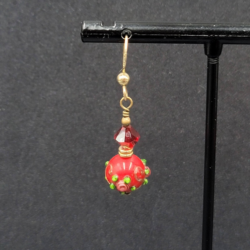 Gold Filled Pierced Earrings Red Glass Wedding Cake Bead Flowers 1"