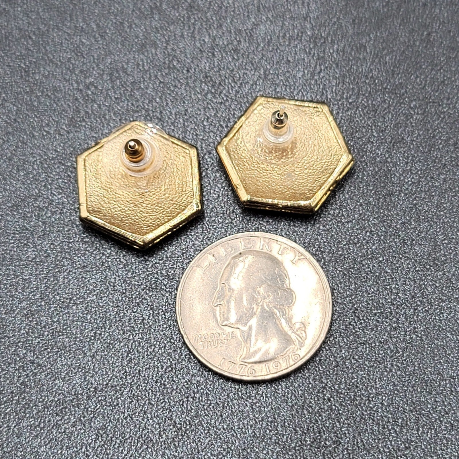 Vintage Pierced Earrings Gold Plated Swirl Enamel Hexagon Studs  3/4"