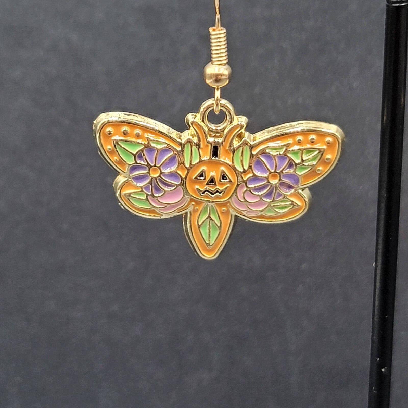 Halloween Moth Pierced Earrings Jack o Lantern Flowers Gold tone Dangle 3/4"