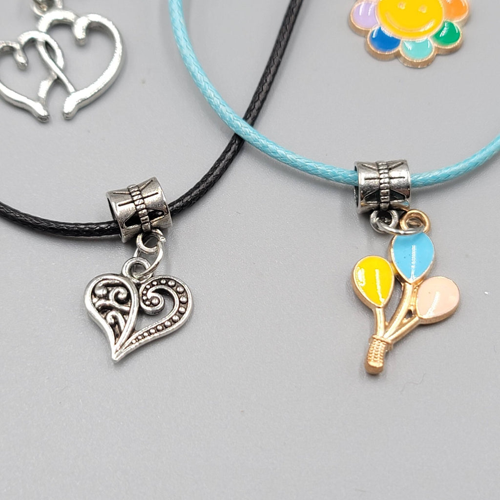 Necklace Charm Pendant Lot Blue and Black Cord Silver tone 5 Charms 18"