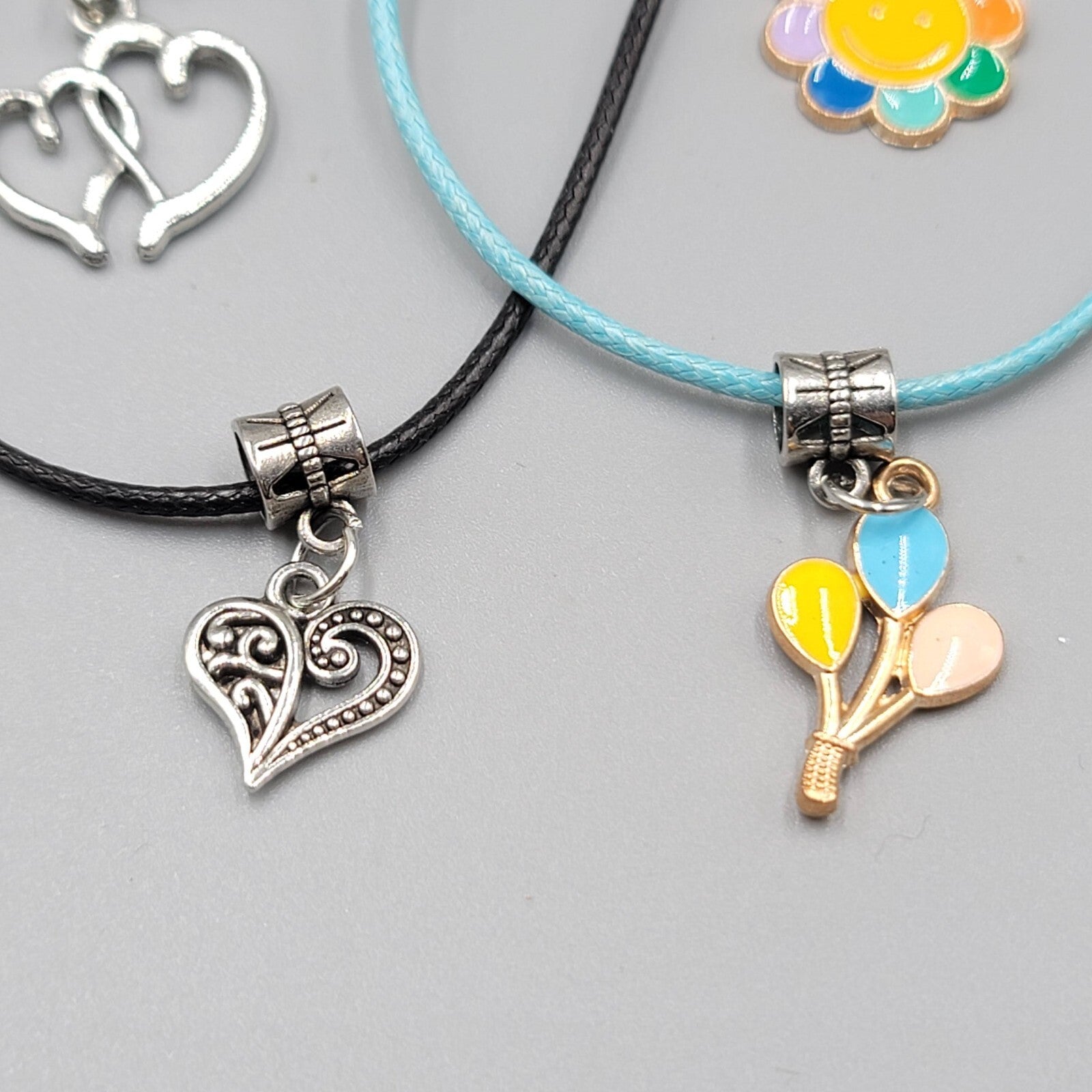 Necklace Charm Pendant Lot Blue and Black Cord Silver tone 5 Charms 18"