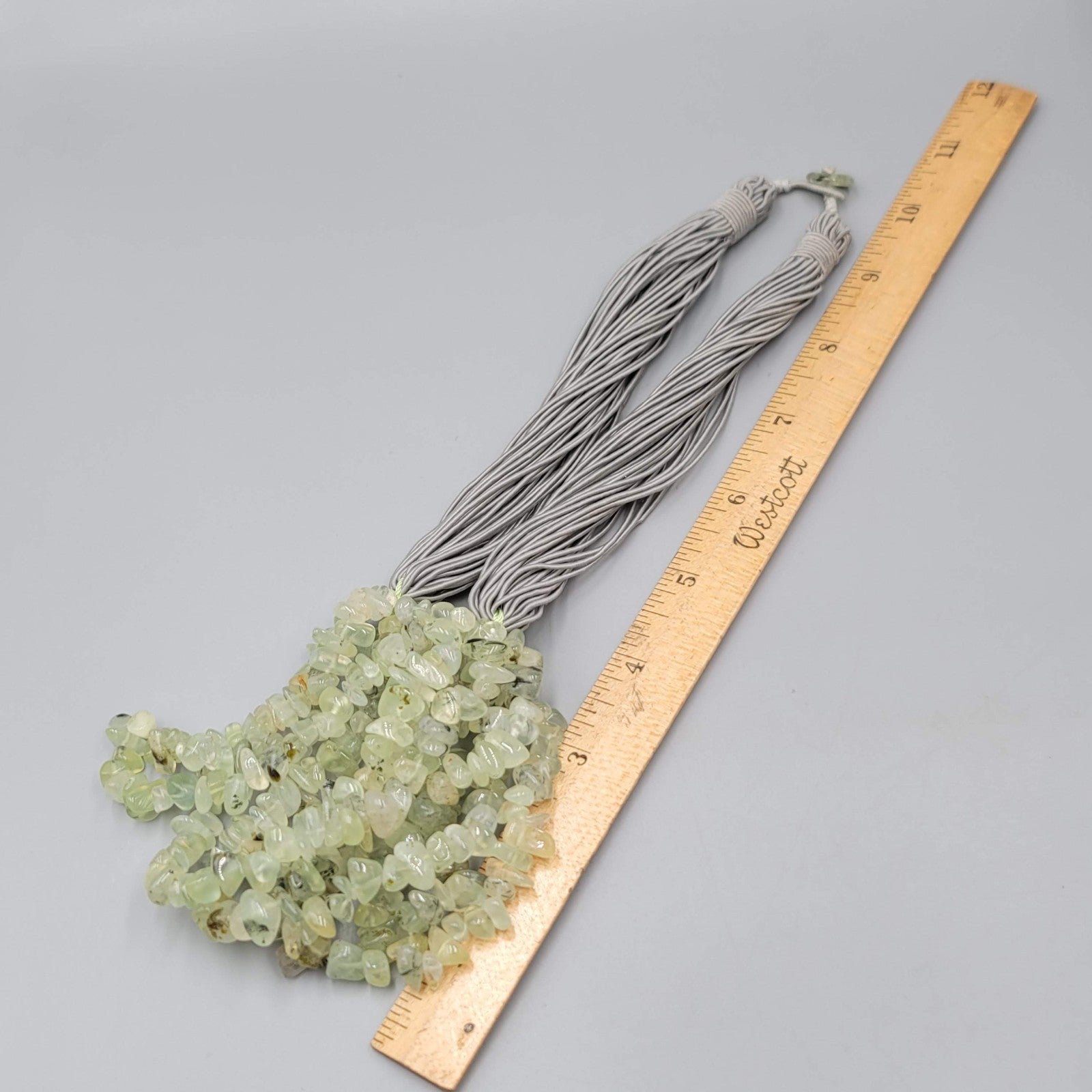 Artisan Light Green Stone Cluster Statement Necklace Multi Strand Gray Cord 20"