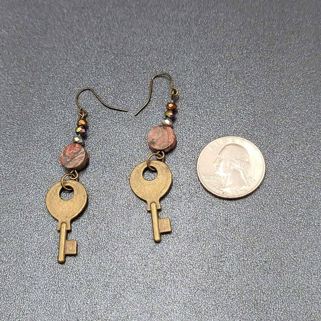 KEY Pierced Earrings Antiqued Gold tone Agate Stone Bead Dangle 2.25"