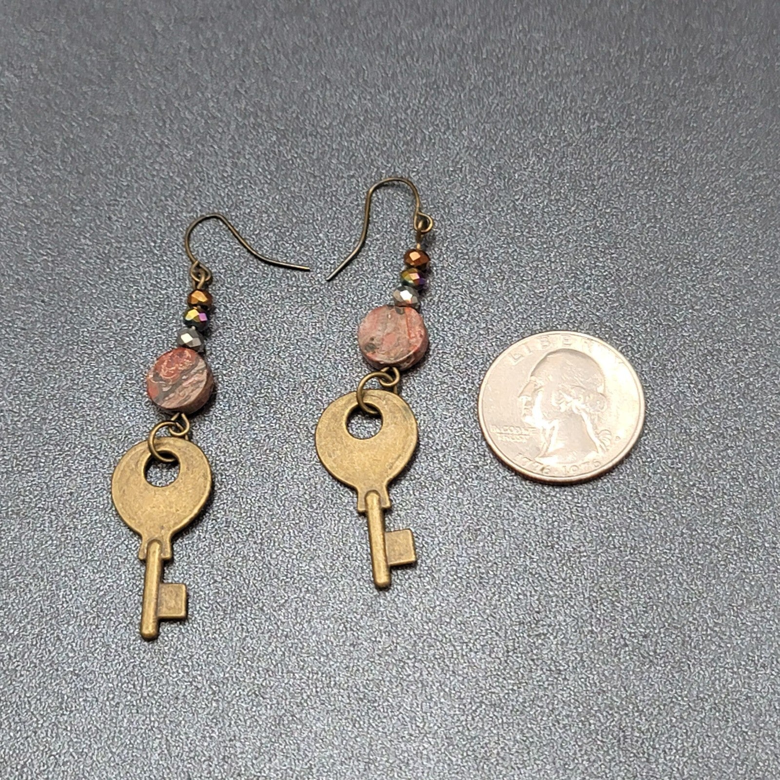 KEY Pierced Earrings Antiqued Gold tone Agate Stone Bead Dangle 2.25"