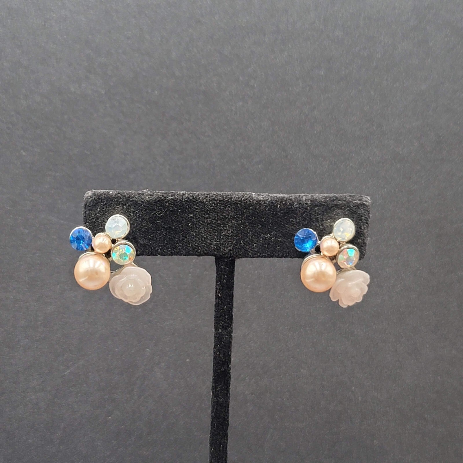 Pierced Earrings Multicolor Bead Rose Cluster Drop Gold tone 1"
