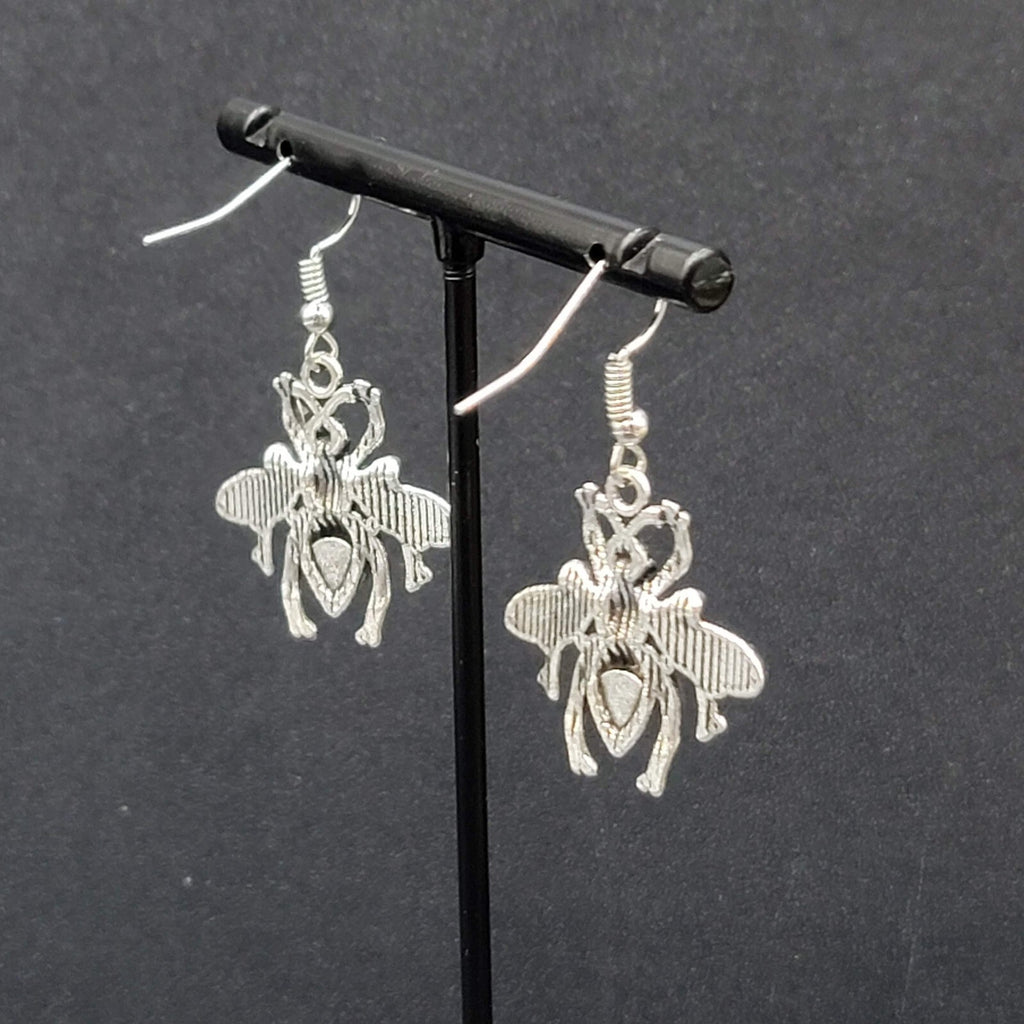 Bee Flying Insect Pierced Earrings Silver tone Dangle 1"