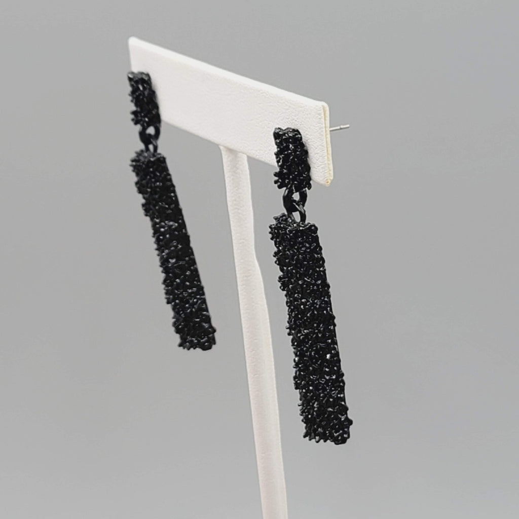 Pierced Earrings Black Enamel Rhinestone Dangle 2"