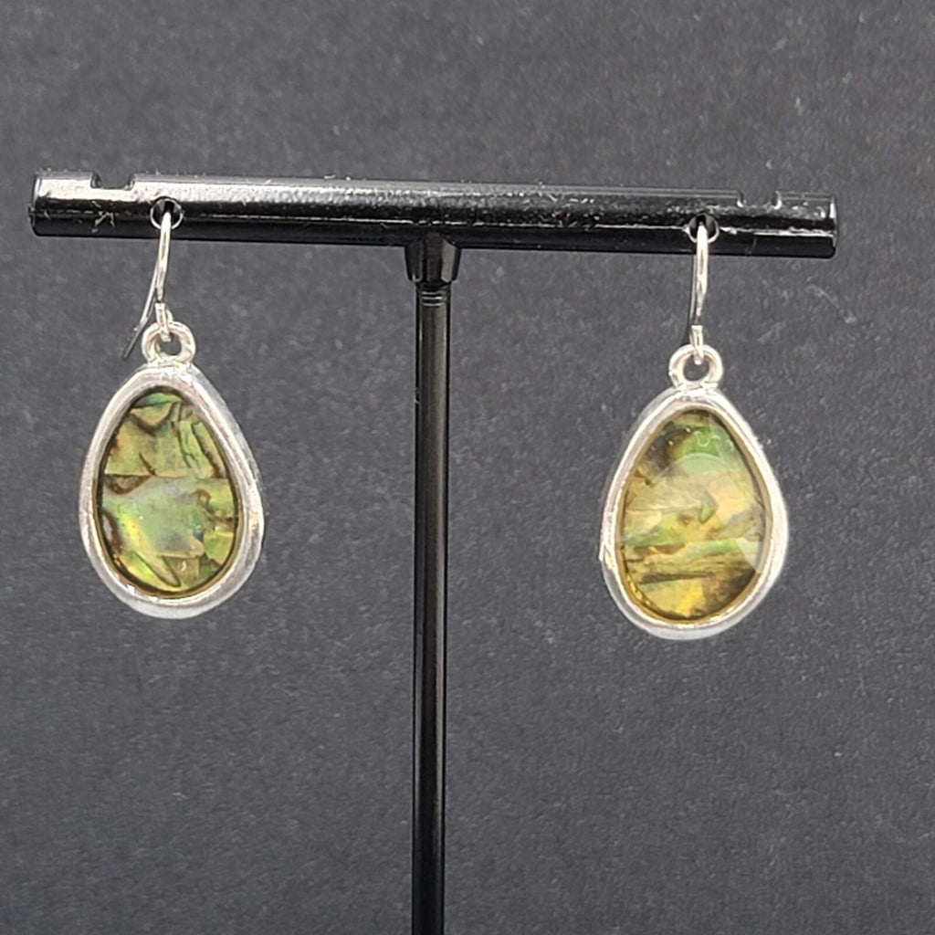Pierced Earrings Silver tone Imitation Abalone Teardrop Dangle 1"