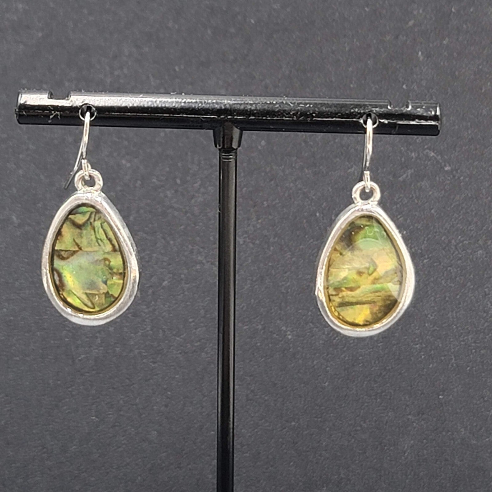 Pierced Earrings Silver tone Imitation Abalone Teardrop Dangle 1"