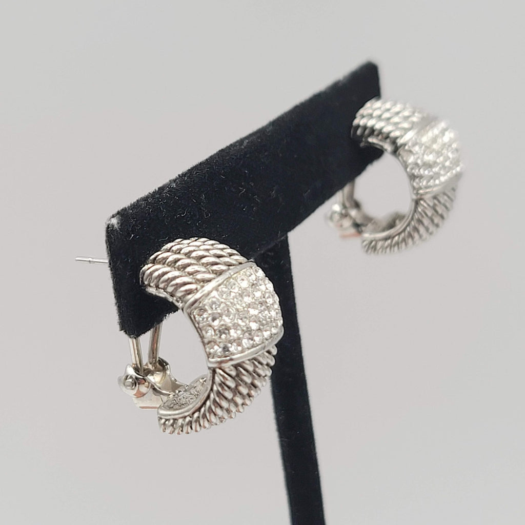 Crystal Pave Hoops Rope Design Pierced Earrings Silver tone Omega Back 3/4 in