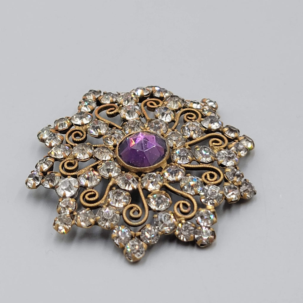 Antique Purple Rhinestone Filigree Brooch Gold tone Flower 2 in