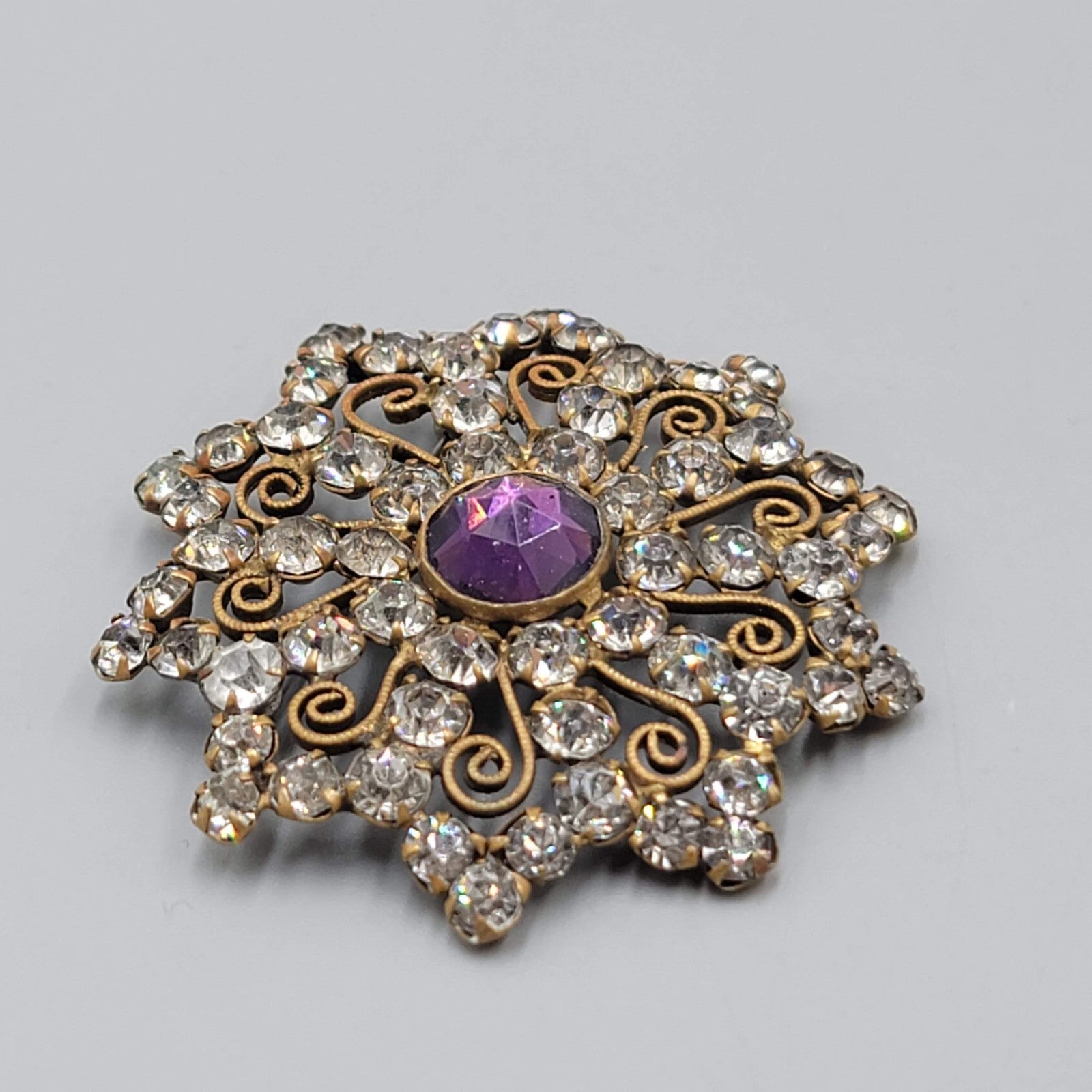 Antique Purple Rhinestone Filigree Brooch Gold tone Flower 2 in