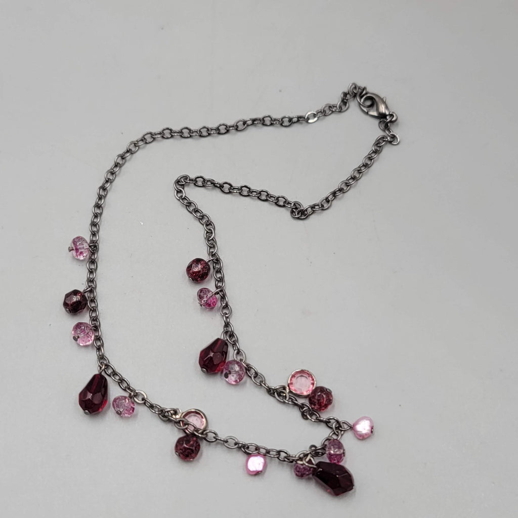Purple Pink Bead Necklace Black Chain 16 in