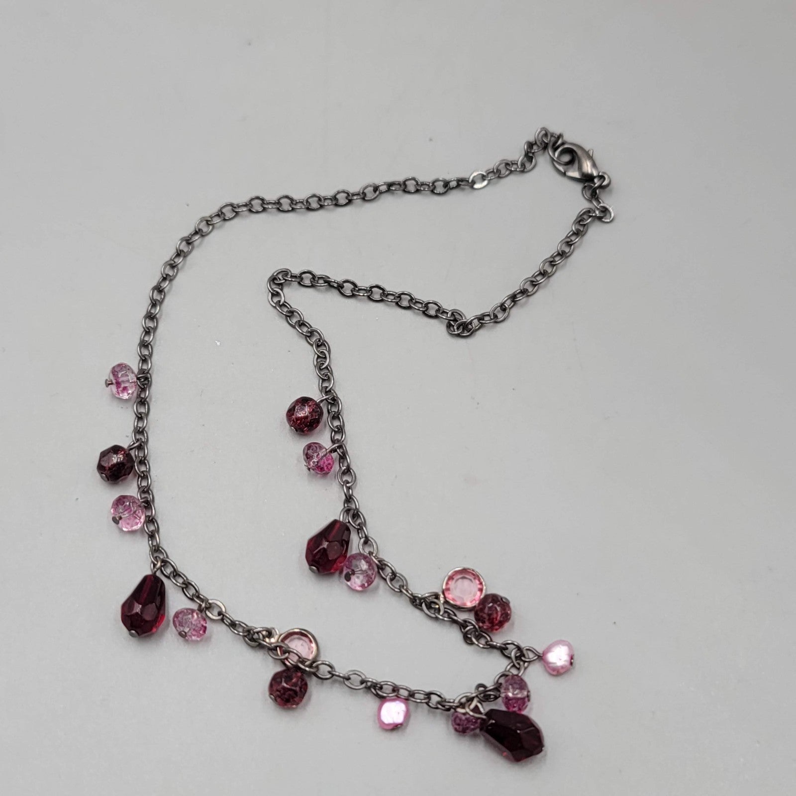Purple Pink Bead Necklace Black Chain 16 in