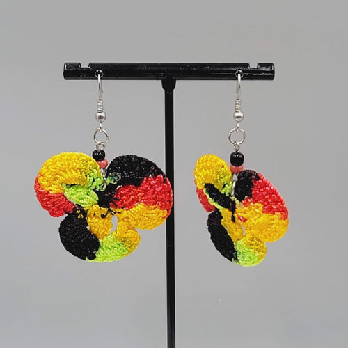 Crochet Pierced Earrings Red Black Yellow Green Dangle 1.5"
