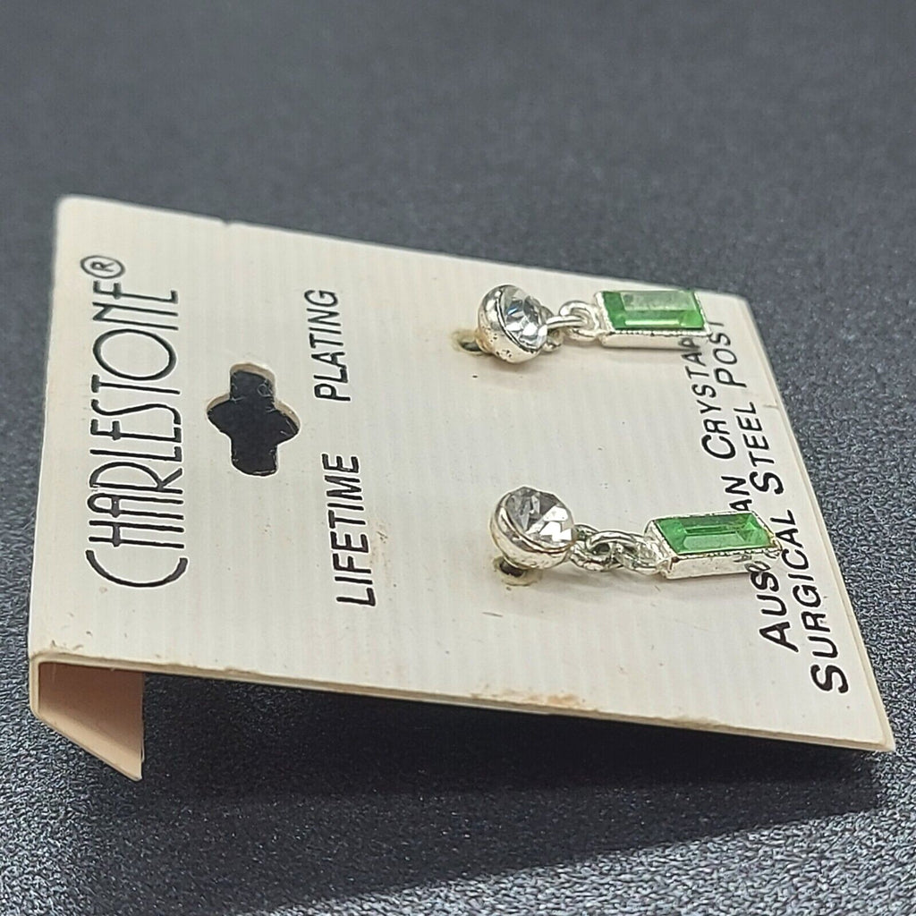 Charleston Pierced Earrings Austrian Green Crystal Silver tone Dangle 3/4"