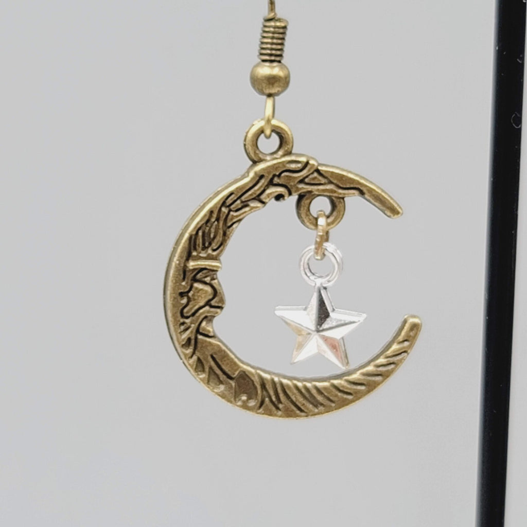 New Man in the Crescent Moon Pierced Earrings Bronze tone Silver Star Dangle 1"