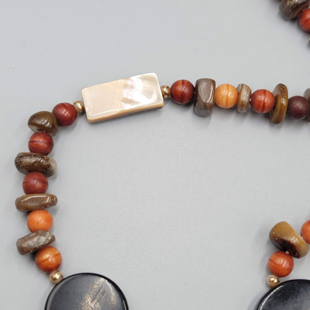 Stone Bead Necklace Abalone Shell Brown Orange Red Long 32"