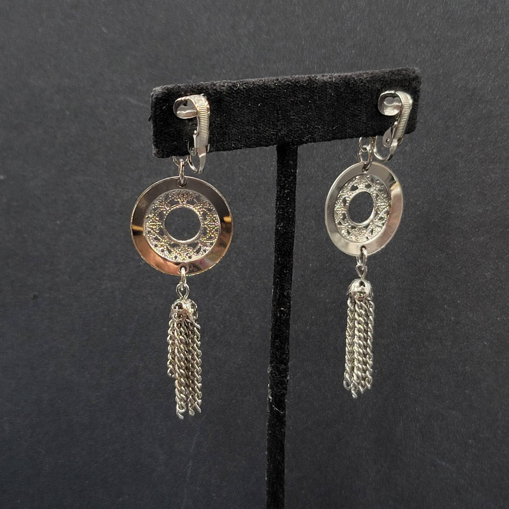 Vintage Clip on Earrings Silver tone Open Circle Tassel Chains  2.75"