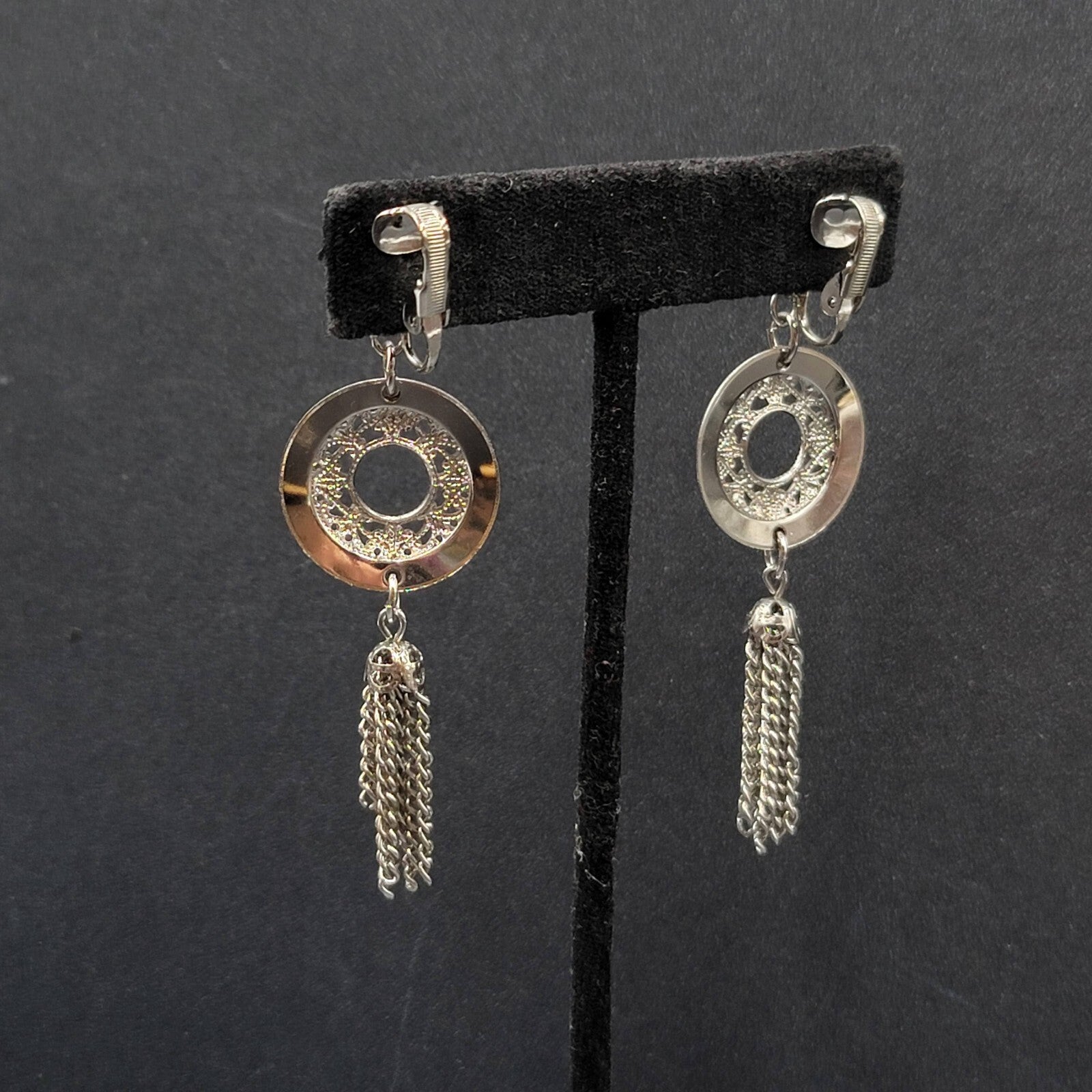 Vintage Clip on Earrings Silver tone Open Circle Tassel Chains  2.75"