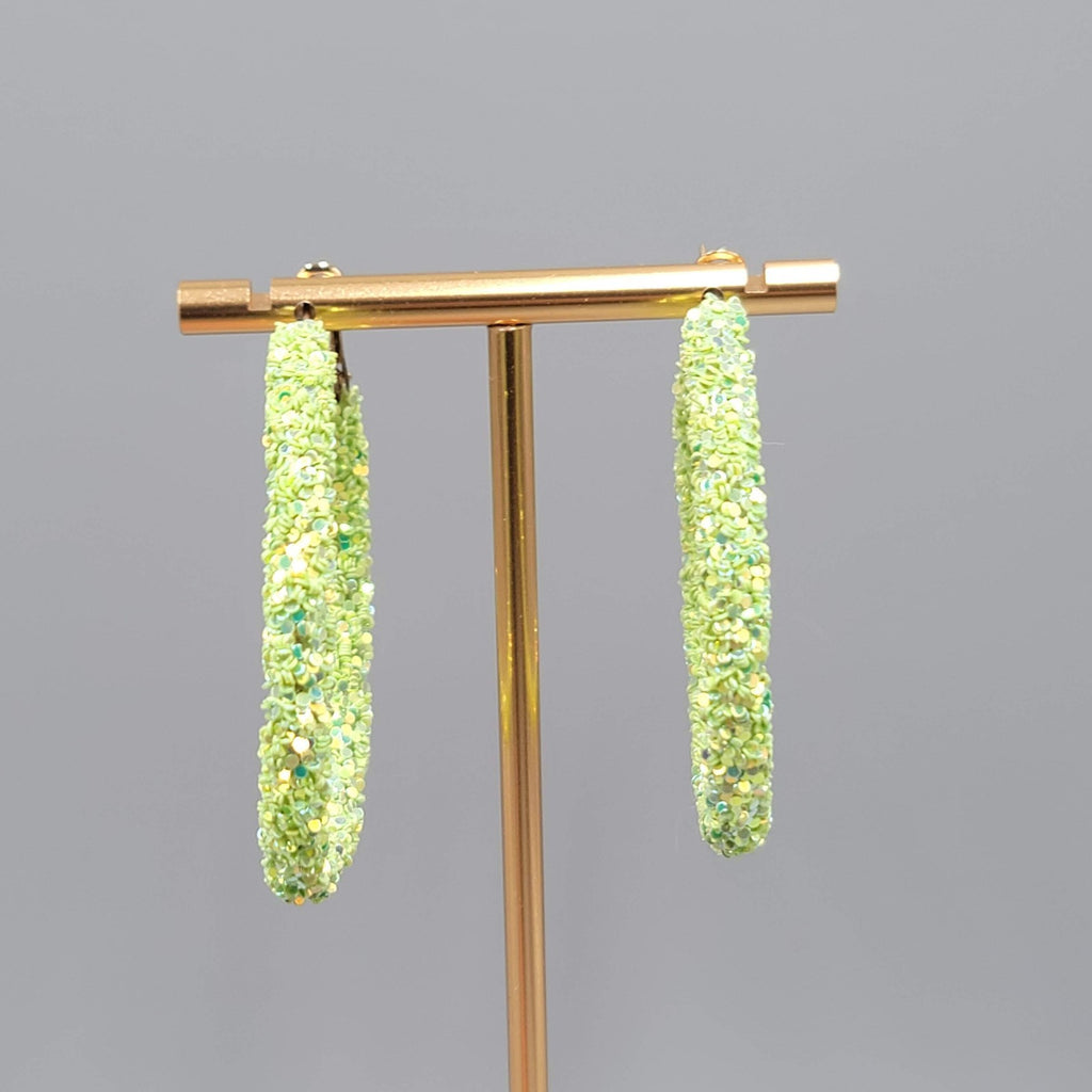 Neon Green Confetti Hoops Pierced Earrings Gold tone Large 