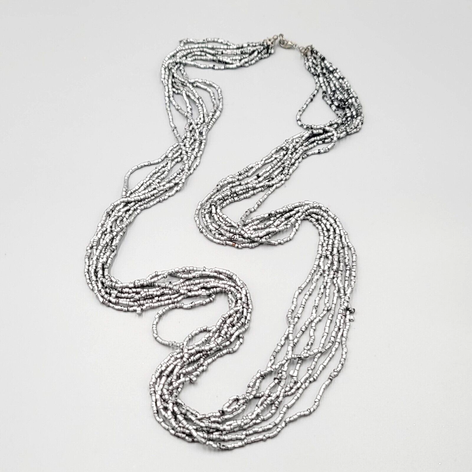 Multi Strand Bead Necklace Gray Silver Black Seed Bead 8 Strand LONG 36"