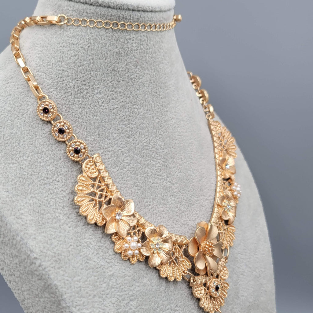 Flower Statement Bin Long Y Drop Necklace Crystal Rhinestone Gold tone LONG