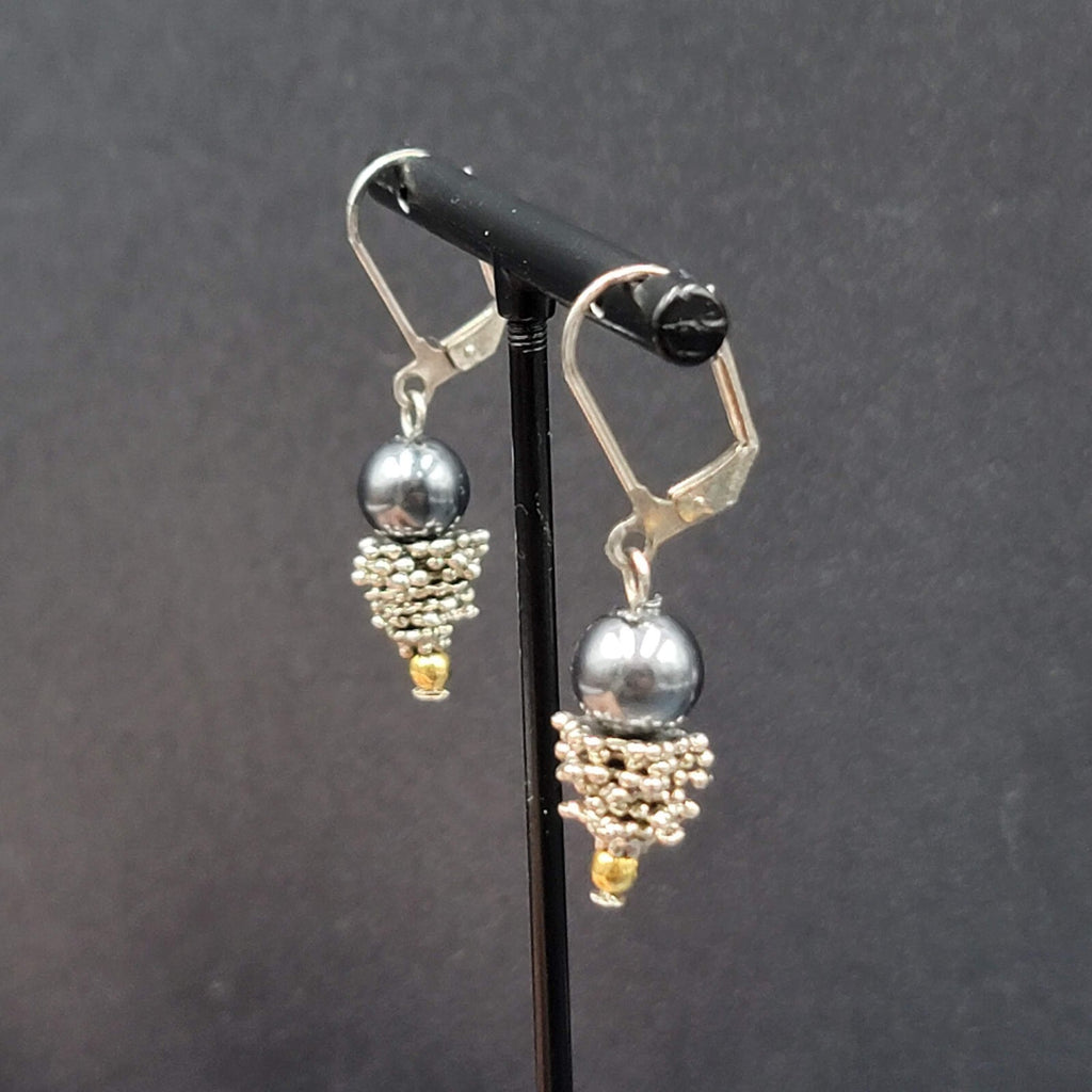 Pierced Earrings Silver tone Black Bead Dangle  7/8"