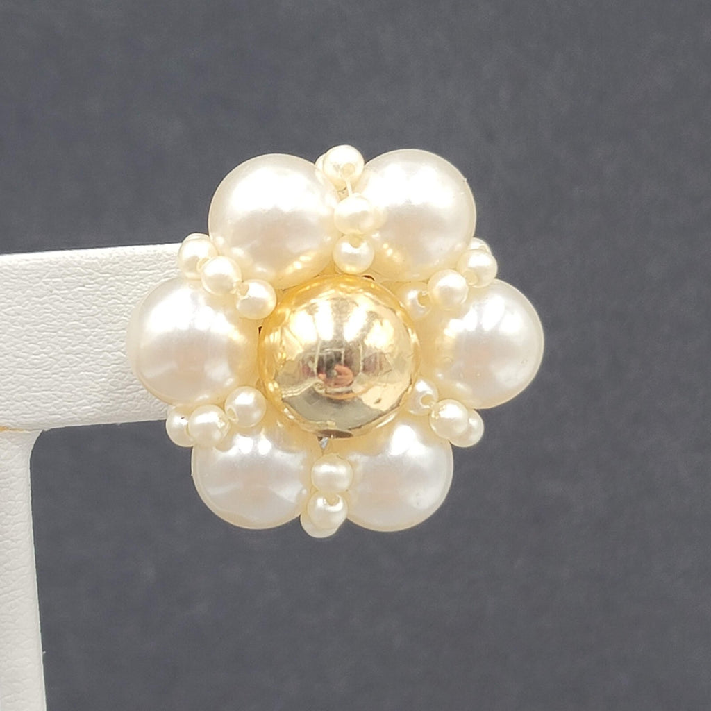 Vintage Clip on Earrings Gold tone Faux Pearl Cluster Flower 1 1/8" Lightweight