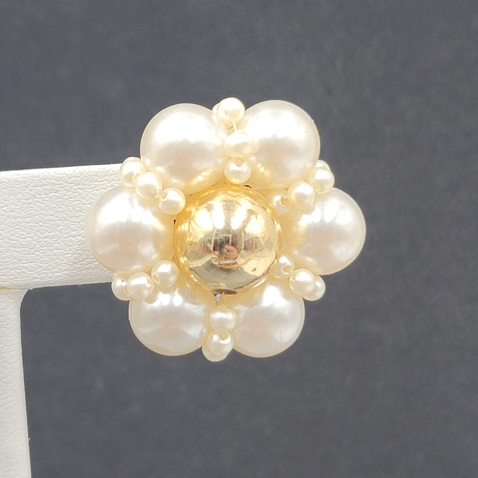 Vintage Clip on Earrings Gold tone Faux Pearl Cluster Flower 1 1/8" Lightweight