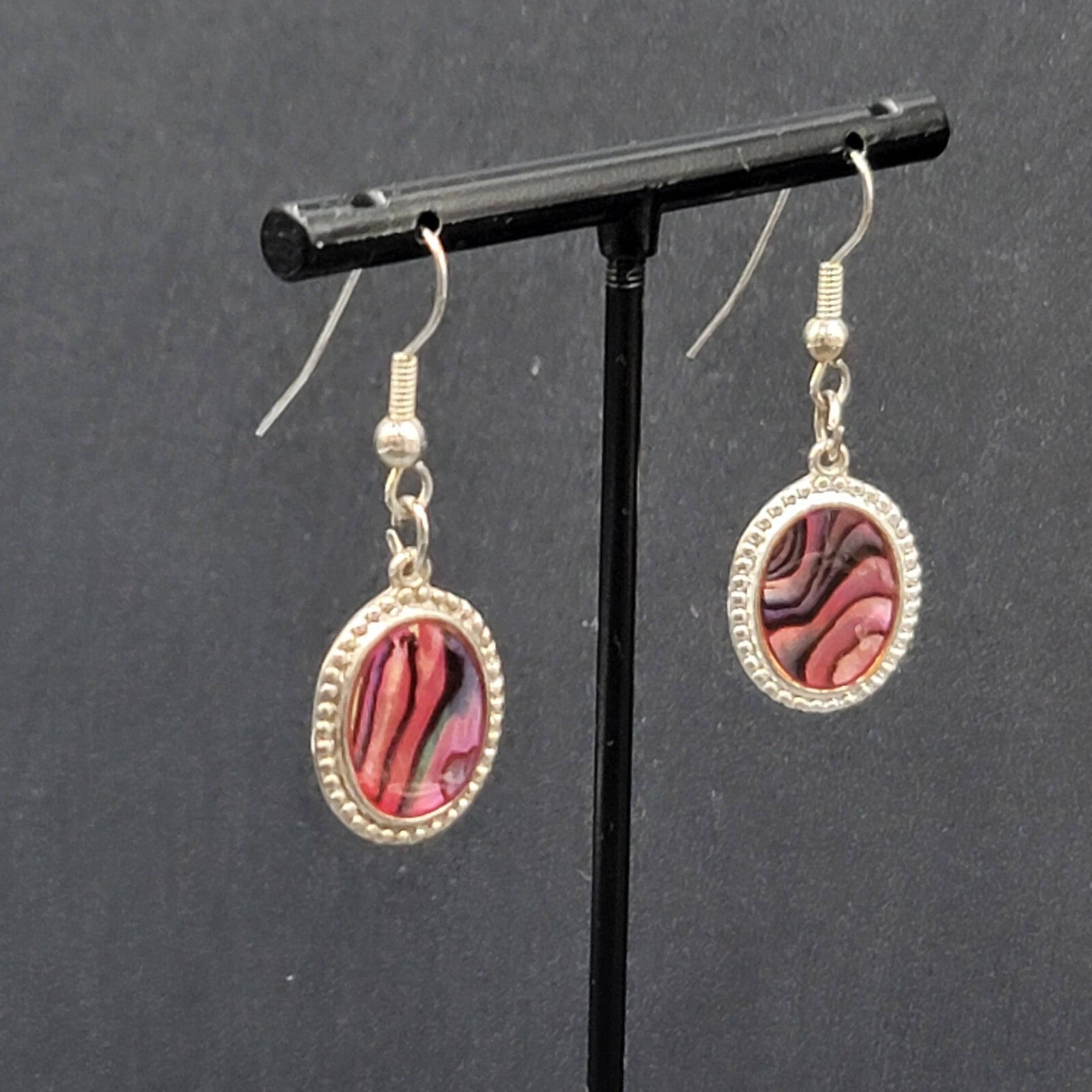 Vintage Pierced Earrings Silver tone Oval Faux Abalone Dangle 3/4"