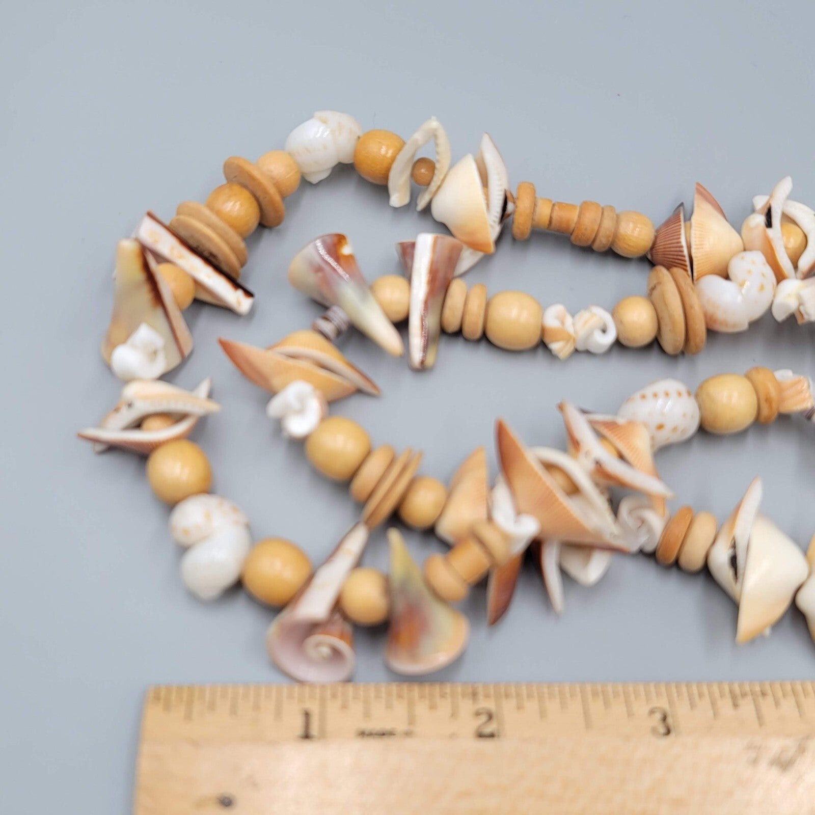 Vintage Necklace Wood Bead Shell Pieces LONG Unique Beach Summer 40"