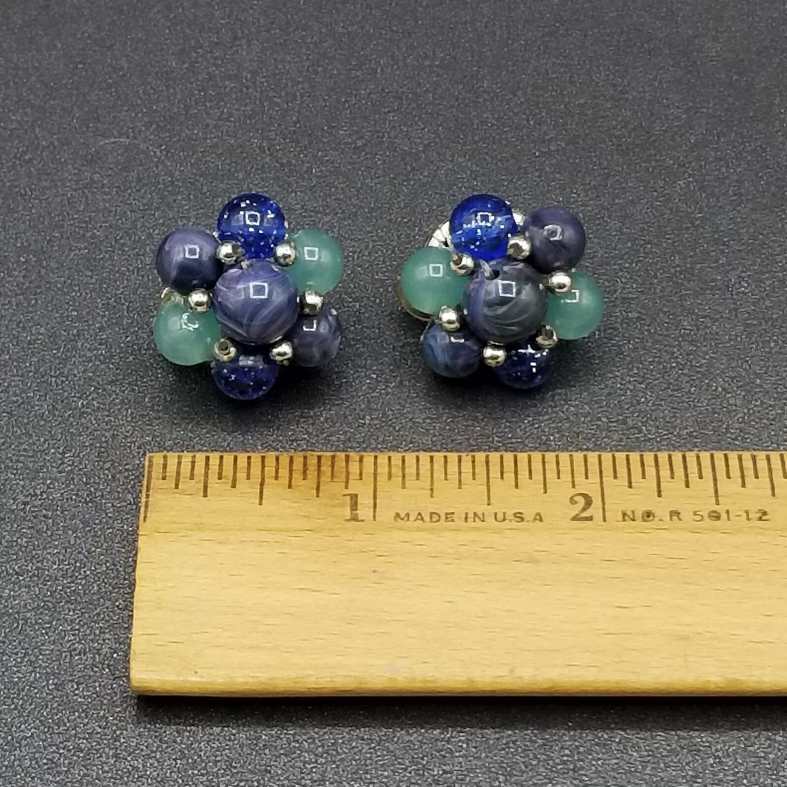 Vintage Clip On Silver tone Blue and Green Acrylic Bead Cluster Stud 1"