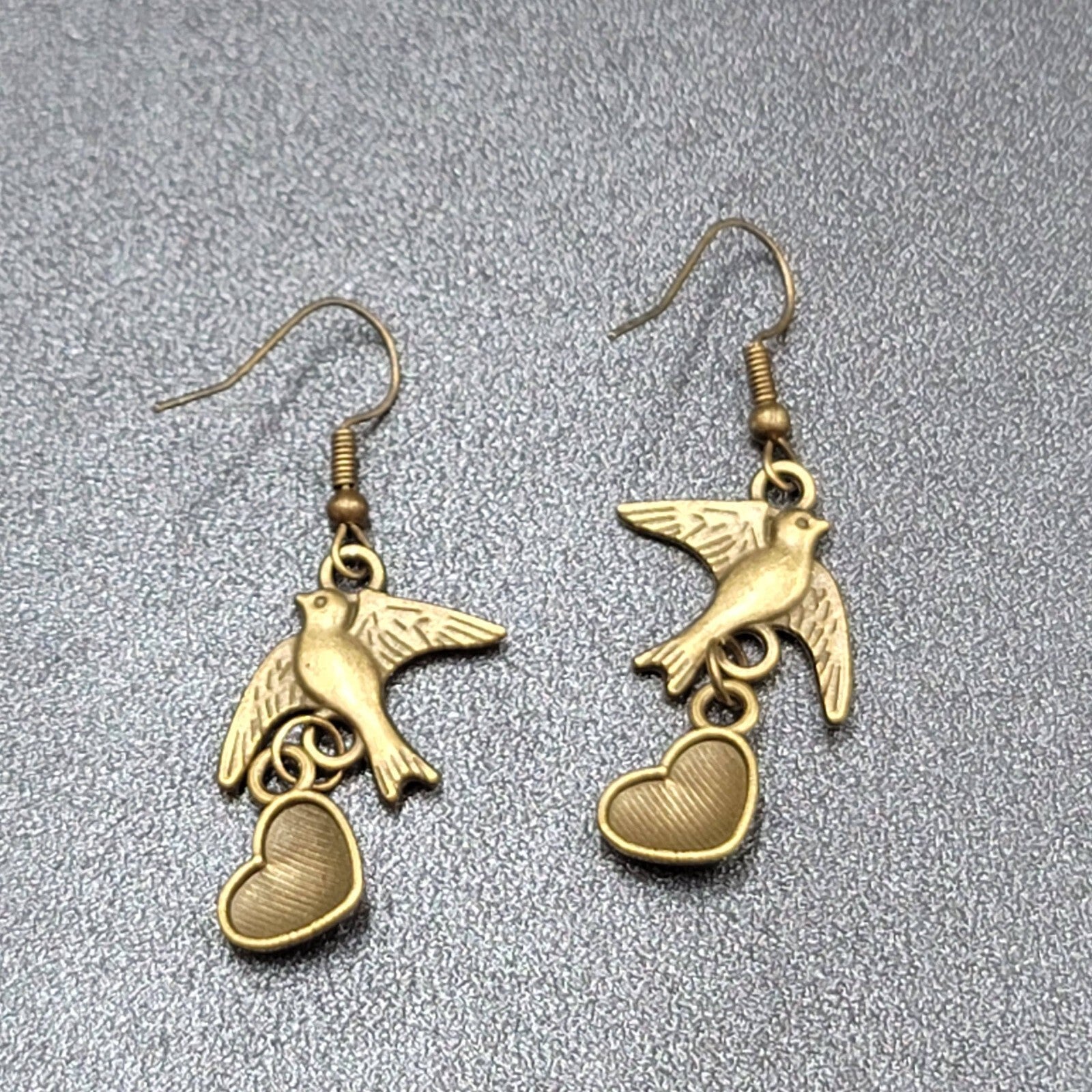 Birds Heart Pierced Earrings Bronze tone Dangle 1.25"