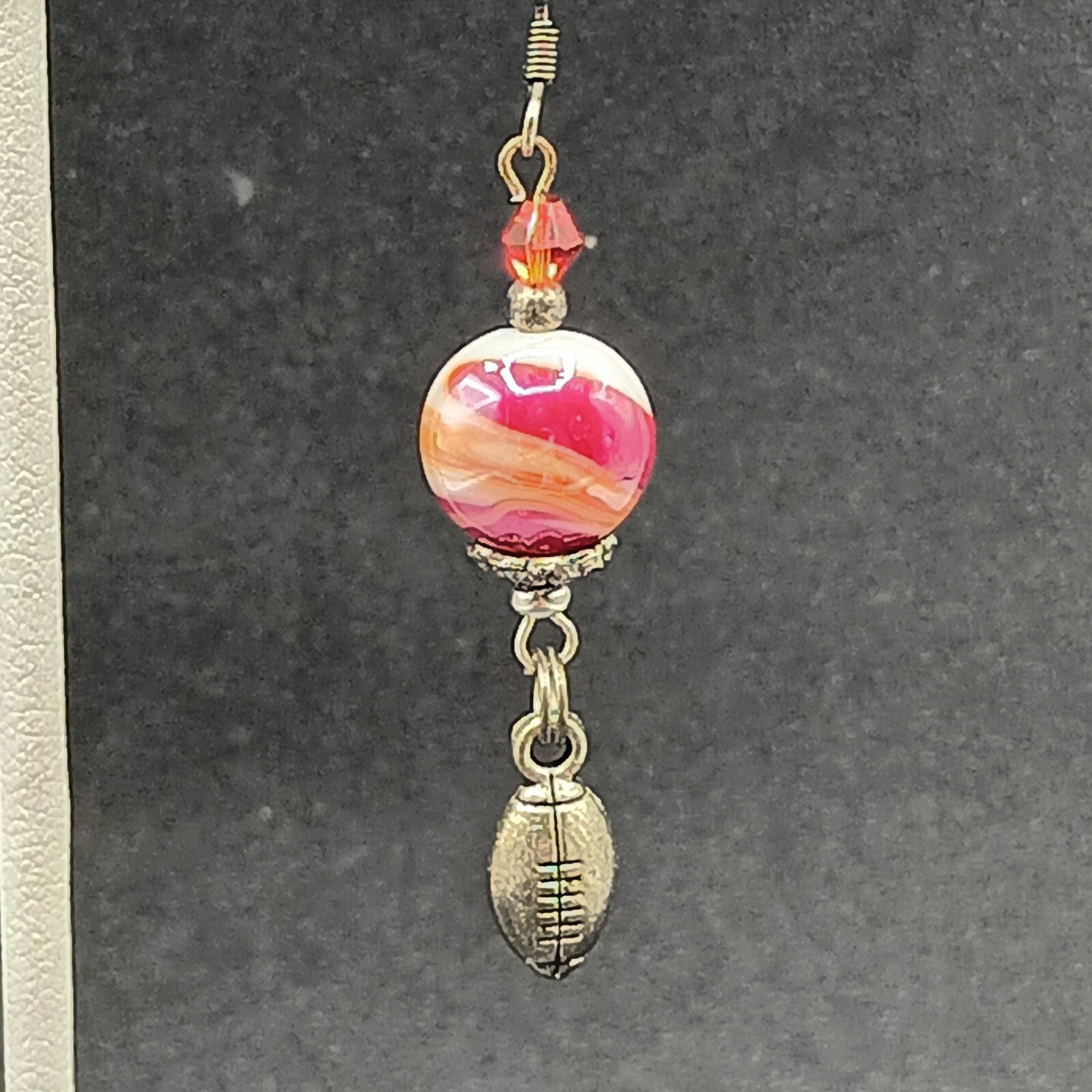 Pierced Earrings Red White Swirl Art Glass Silver tone Football Dangle Charm