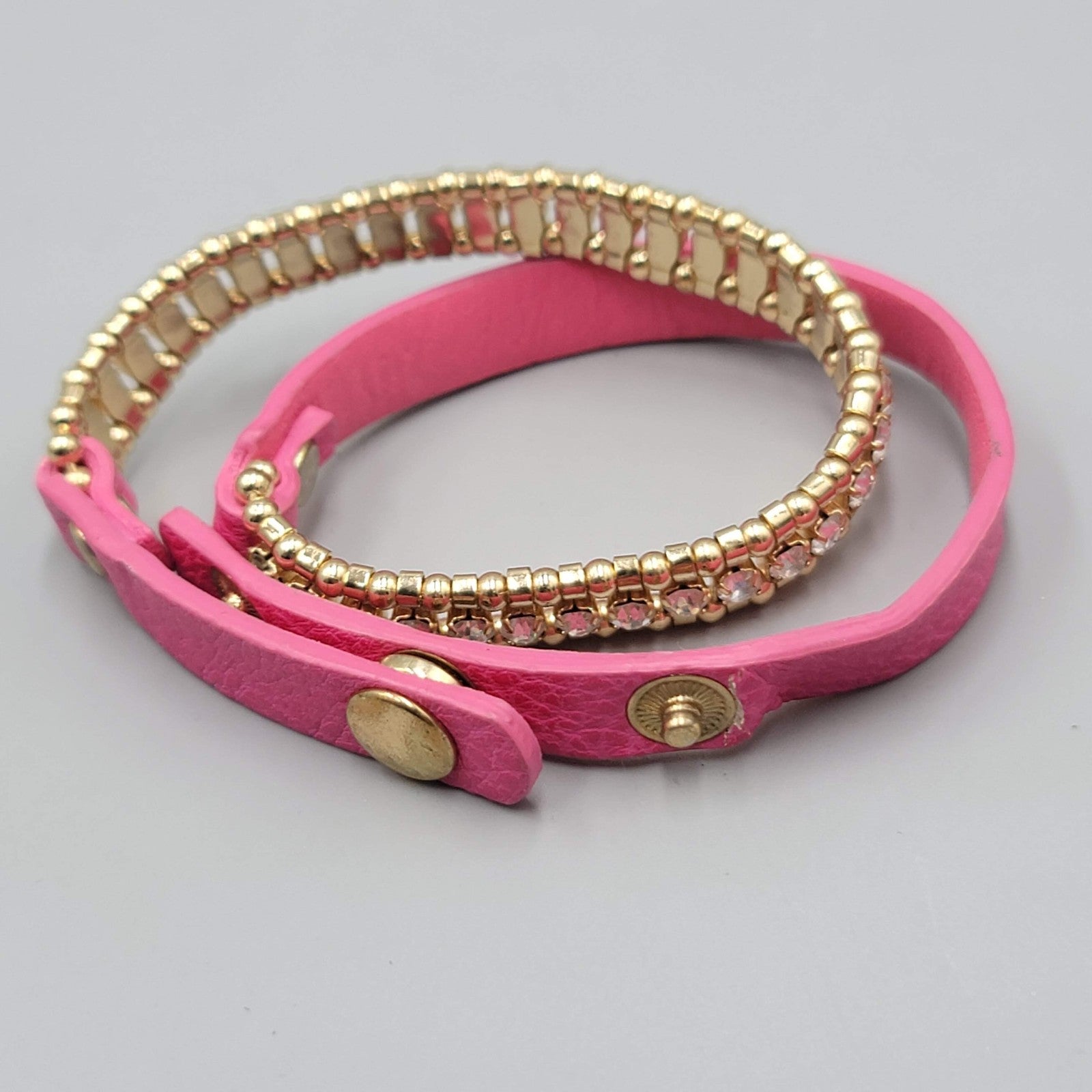 Pink Leather Crystal Wrap Bracelet Gold tone Snap Closure