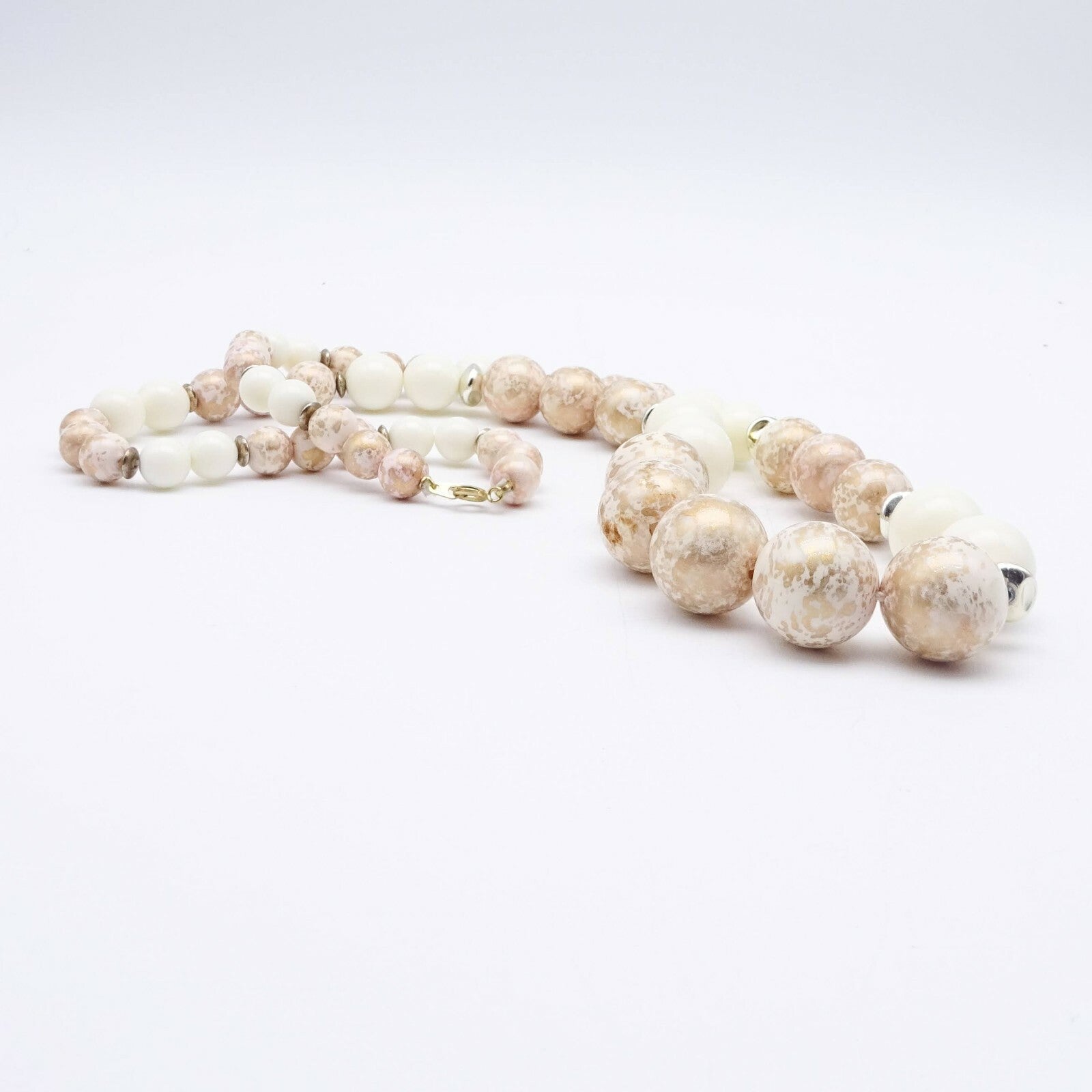 Vintage Mid Century White and Gold Graduated Bead Necklace 30 in