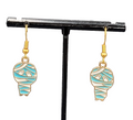 Halloween Mummy Pierced Earrings Gold tone Enamel Dangle 7/8"