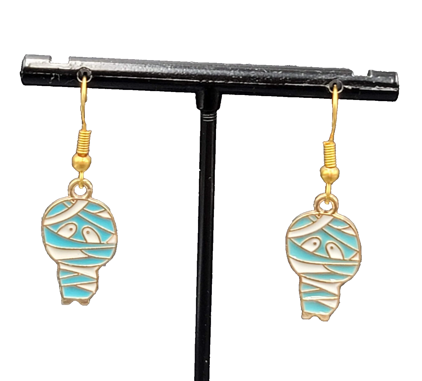 Halloween Mummy Pierced Earrings Gold tone Enamel Dangle 7/8"