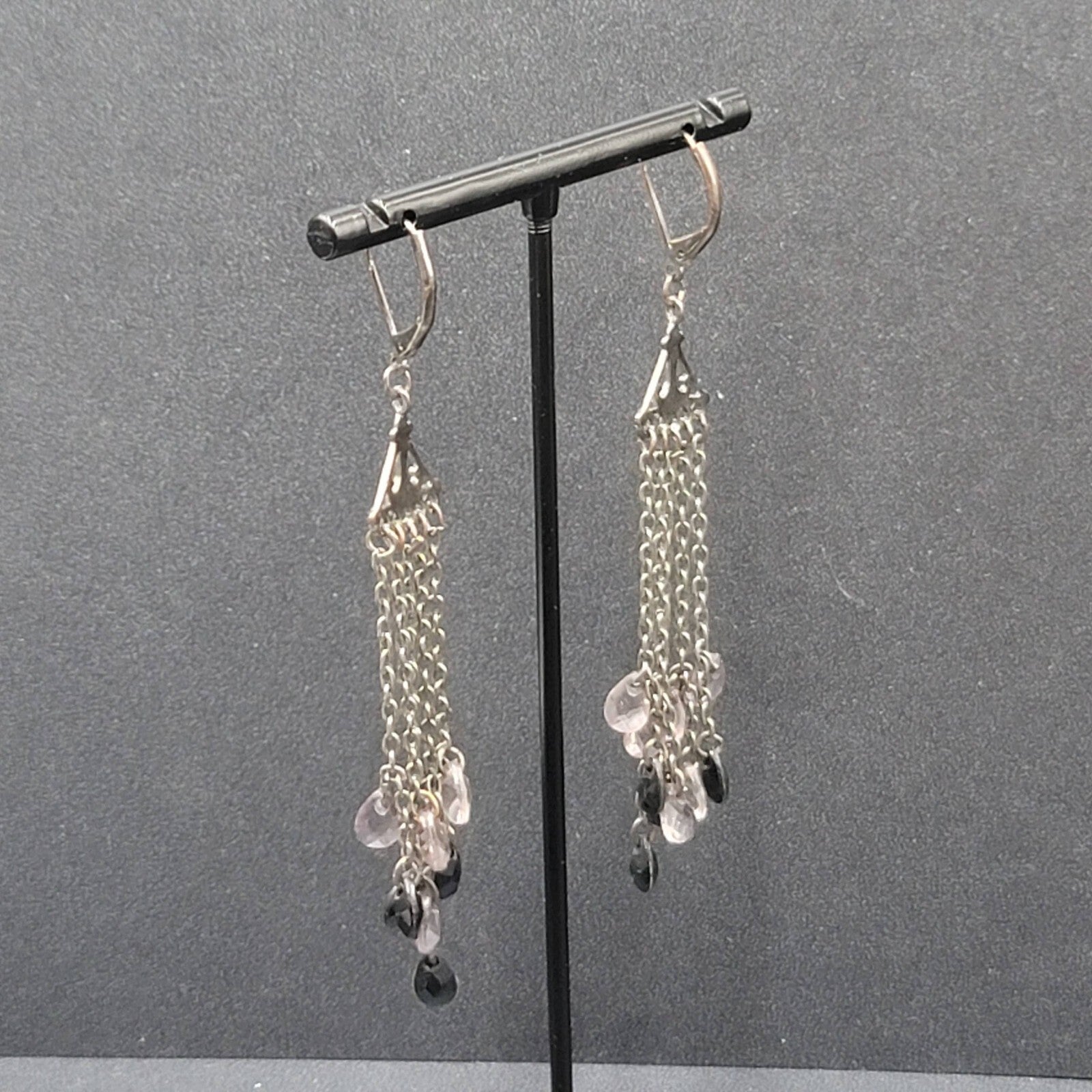 Pierced Earrings Gun Metal Gray Multi Chain Purple Black Beads 2 7/8"