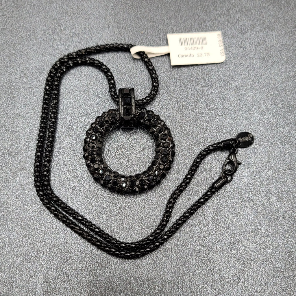 Black Metal Rhinestone Necklace Circle Pendant Icing 18"