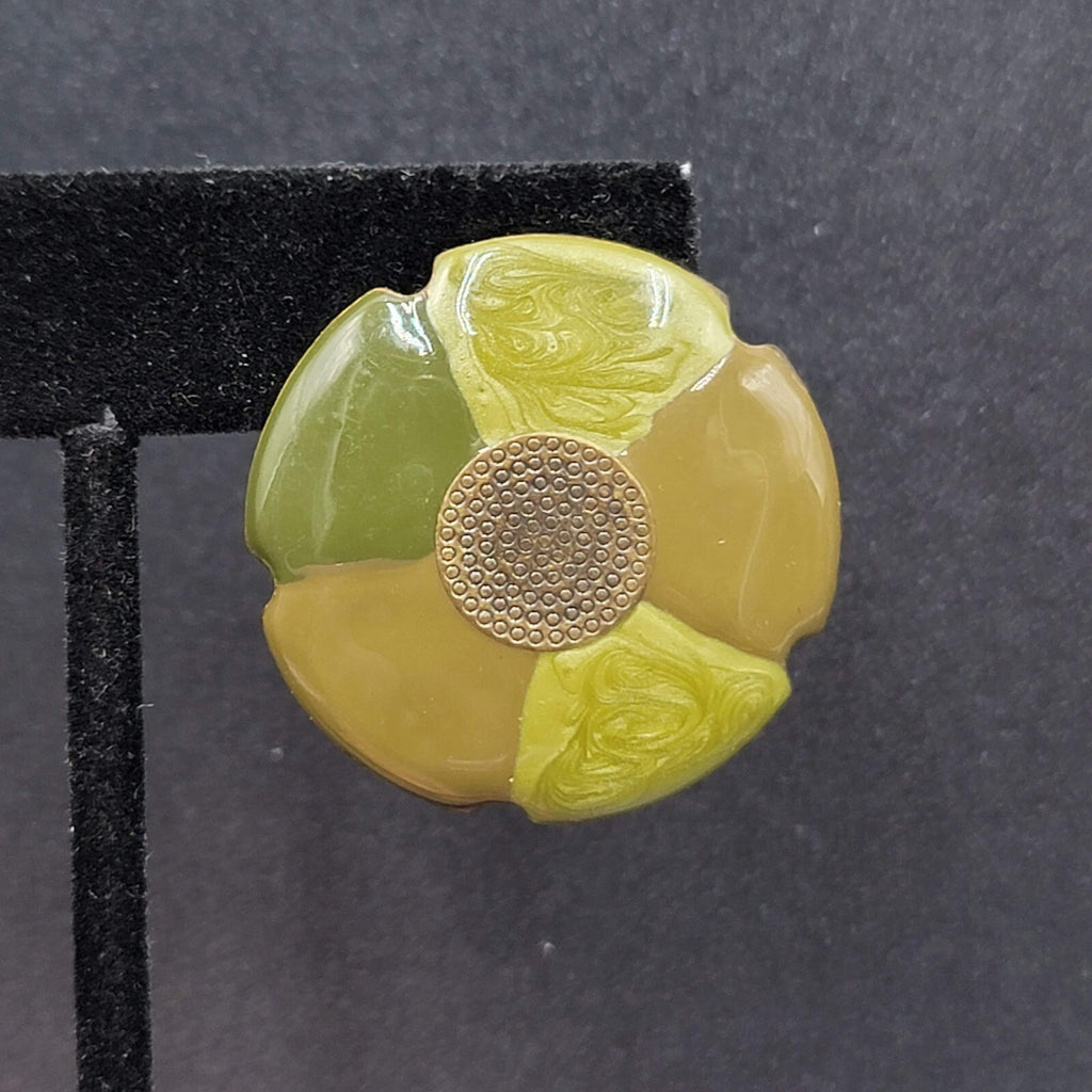 Flower Pierced Earrings Green Enamel Bronze tone Drop 1.25"