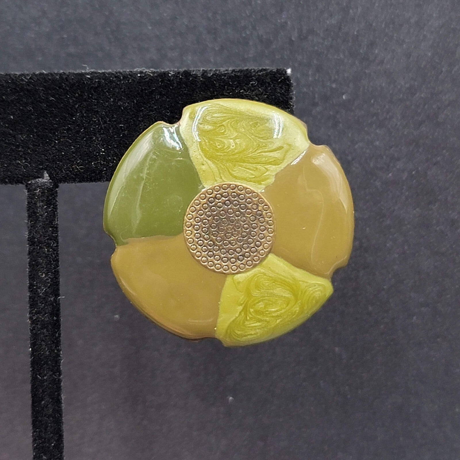 Flower Pierced Earrings Green Enamel Bronze tone Drop 1.25"